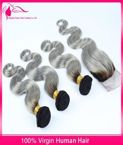 9A 1bGrey Pacotes de Cabelo Com Fechamento de Renda 2 Tons Onda Corporal Cinza Prateado Cabelo Ombre Com Fechamento de Renda MiddleThree Part8329531