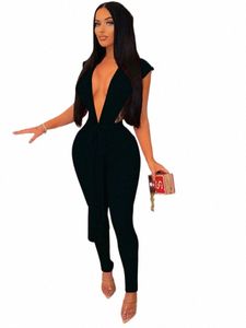 sexy Skinny V-neck Jumpsuit Women Hollow Out Lace Up Strings Baddies Bodysuit Outfit Overalls Club Outfit Pant Set 834s#