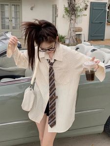 Zoki vintage randig jk slips skjorta kvinnor japan överdimensionerad lös söt blus casual preppy stil långärmad vår dam retro toppar 240328