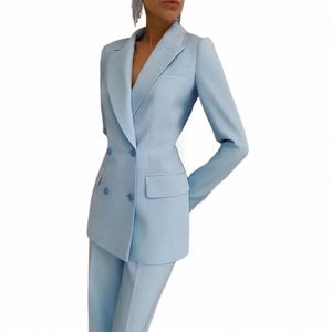 High-end céu azul mulher ternos fino ajuste fi pico lapela duplo breasted calças define casual escritório senhora blazer com calças lápis h8l8 #