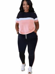 lw Plus Size Patchwork Drawstring Pants Set Women Color Block Skinny Short Sleeve Trousers Two Pieces Matching Suits Outfit l5Lp#