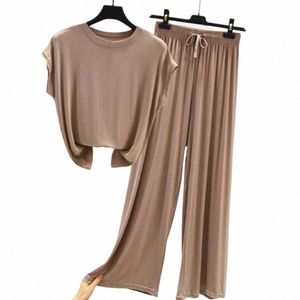 2 datorer/set Soft Lady T-shirt byxor Set DrawString Home Wear Wide Leg SOT Breattable Women Summer Tracksuit K6id#
