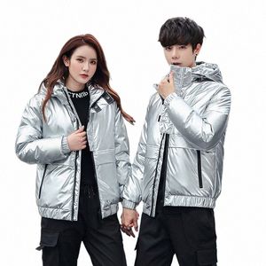 Inverno casal puffer jaquetas curto pato branco para baixo casacos para homens mulheres com capuz quente brilhando amantes streetwear parkas JK-919 q844 #