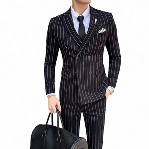 Luksusowe męskie w paski ślubne Casual Tuxedo British Slim Stun Suit 2pcs Wysokiej jakości Busin Social Club Kostium Homme P9TX#