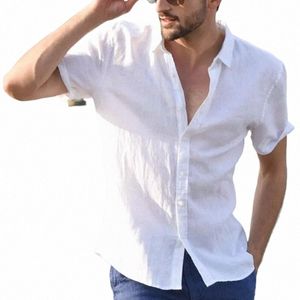 Camicia casual da uomo a maniche corte Street Wear Camicia con risvolto in lino tinta unita Cott per uomo Camicetta vintage Vacati M-3XL 84AA #