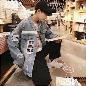 Herrjackor vårhösten denimjacka manlig koreansk smal mode vilda streetwear rippade hålkläder ljusfärgad studentrock droppe dhixv