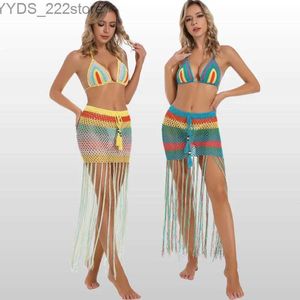 Etekler skorts 2023 yeni tığ işi plaj elbise seksi kadınlar mahsul üst+ uzun püskül bikini mayo kaplama cüppe de plage 2pcs/set yq240328