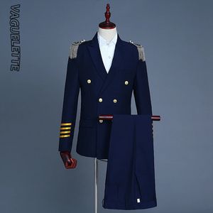 VAGUELETTE Double Breasted Pilot Suit Men Navy Blue White Tuxedo Wedding Mens Suits With Pants Airplane Captain Stage Wear 2XL 240312