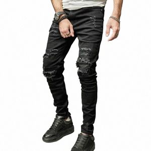 Молодежные черные лоскутные рваные джинсовые брюки Осенние мужские эластичные джинсы скинни Уличная одежда Мужские повседневные брюки-карандаш 791e #