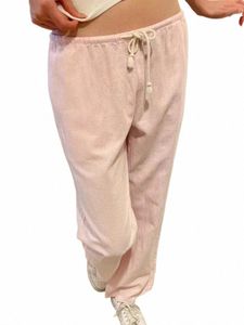 Retro rosa listrado cordão calças esportivas mulheres outono cintura alta linho casual calças largas perna y2k streetwear calças soltas chique a7Xv #