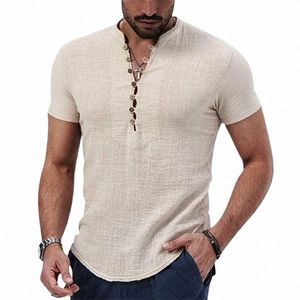 summer New Cott Linen Shirts Men'S Casual V-Neck Shirts Solid Color Short-Sleeved Tees Tops High Quality Handsome Men Tops Q7dk#