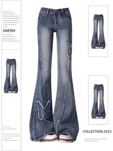 Womens Blue Flare jeans baggy vintage 90 -tal estetiska låga midja cowboybyxor harajuku denim byxor y2k trashy emo 2000s kläder 240323