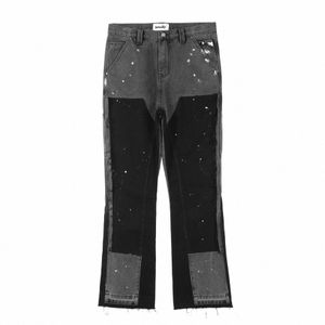 High Street Spliced ​​Speckled Ink Micro Flare Pants for Men Cleanfit casual Wed Baggy Straight Denim Trousers Y2K Jeans P4Q5#