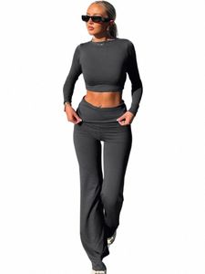 O-hals skördetoppar smala byxor 2 styck uppsättningar kvinnor kläder lg ärm cjunto femenino solid grå leggins mujer damer spår s8mj#