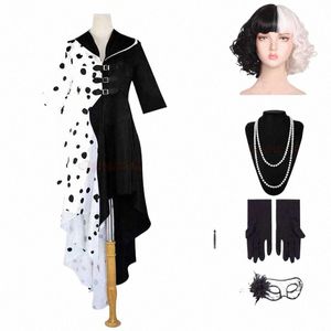 Dziewczęta Kobiety Evil Madame Cruella de vil kostium Cosplay Suknia Czarna biała pokojówka Dr Gloves Wig Halen Party Fancy Dr V1r1#