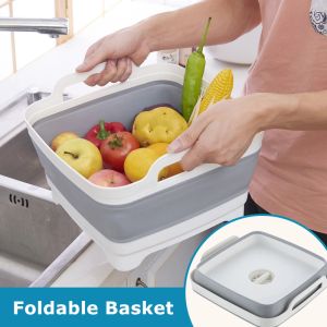 Baskets Kitchen Foldable Washing Vegetable Fruit Storage Basket Manual Rotating Water Plug Drain Basket Cleaning Container Strainers