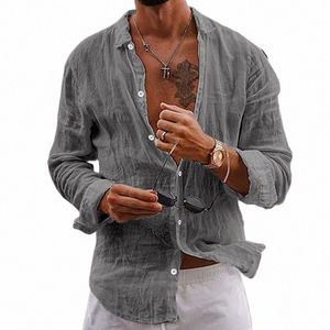 vintage Men's Shirts Cott Linen Breathable Beach Style Shirt Classic Solid Butt Lapel Lg Sleeve Oversize Shirts Streetwear v7ta#