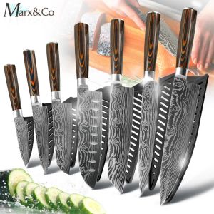 Tillbehör Kök Knife Chef Japanese Slicing Santoku Cleaver Utility 17 Set Knives 7Cr17 440C Rostfritt stål Imitation Damascus slipning