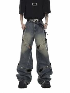 houzhou Wide Leg Jeans Pants Men Streetwear Baggy Distred Denim Trousers Male Oversize Hollow Out Casual Korean Hip Hop E8Of#