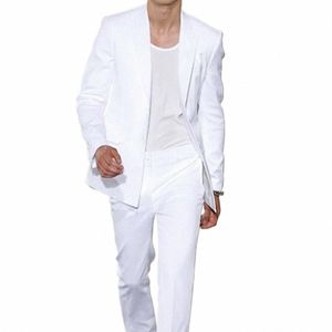 2023 Estate Lg Giacca Pantaloni bianchi Smoking dello sposo Abiti da sposa per uomo con visiera risvolto Uomo Blazer 2 pezzi Cappotto Pantaloni Prom 58QD #