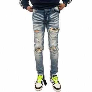 Street Fi Men Jeans Retro Blue High Quality Stretch Skinny Butts Ripped Jeans Men Patched Designer Hip Hop Brand Pants A9XB#