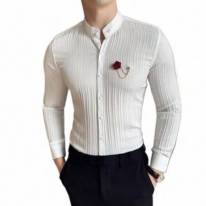 Новая весенняя брошь в виде розы Мужские рубашки Блузки LG с рукавами Slim Fit с воротником-стойкой Мужская рубашка Dr Party Prom Social Мужские рубашки L6DJ #