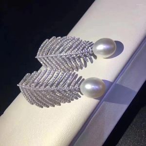 Stud Earrings 925 Sterling Silver With Cubic Zircon Leaf Feather Earring Fine Women Jewelry Natural Fresh Water Pearl