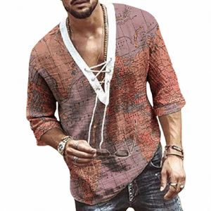 Retro Men's Map Print Camisas Verão Outono Casual Tie-in Digital Print Mangas Camisa Lace Up Bandage Blusa Solta Camisa Hombre q5yq #