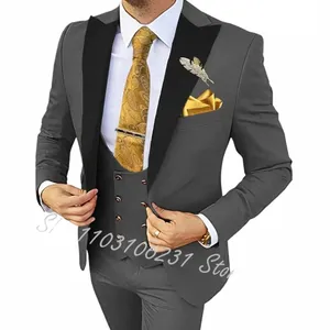 Koyu Gri Busin Erkekler Takım 3 Parça Takım Ceket Pantolon Düğün Damat Smokin Formal İnce Uygun Erkekler Blazer Kostüm Homme P1r8#