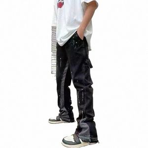 Vintage Streetwear Flared Jeans Calças Hip Hop Spling Ink Wide Leg Jean Macacões para Homens Fiable Retro Patchwork Jeans w4iT #