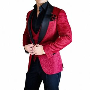 Stevditg Luxury Men's Suits Red Jacquardファブリックシングル胸肉ブラックショールラペル3ピ​​ースジャケットパンツベストウェディングフルセットU6Z8＃