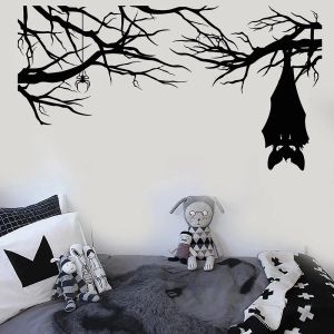 Aufkleber Halloween Wandaufkleber Cartoon Gothic Spinne Fledermaus auf Ast Vinyl Wandtattoo für Wohnzimmer Kinderzimmer Kinderzimmer Dekoration W378