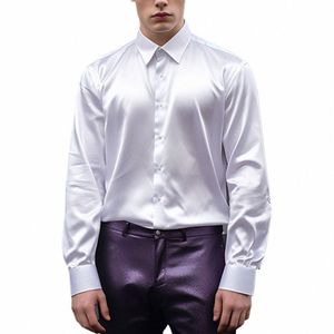 sofisticado Satin Silk Men's Dr Shirt Slim Fit Lg Sleeve Ideal para festas e Ocns especiais 110 caracteres S9bJ #