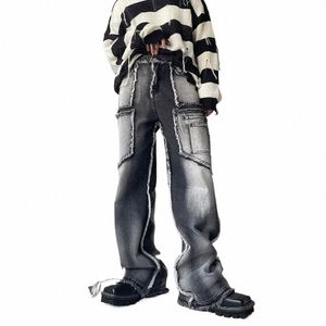 Calças masculinas New Autumn Vintage W Borda áspera Straight Splicing Masculino Jeans High Street Wide Leg Calças 2024 New Fi y2tL #