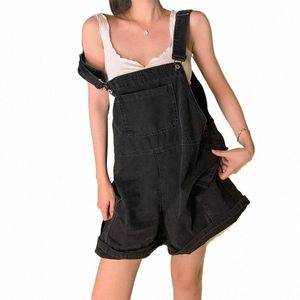 Macacões Denim Curto Para As Mulheres Baggy Vintage Preto Estilo Coreano Verão Casual Fi Cintura Alta Wed Straight Jean Shorts 52F2 #