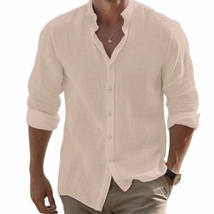 cott linho venda quente masculino lg-mangas camisas verão cor sólida gola alta casual praia estilo plus size y0kw #