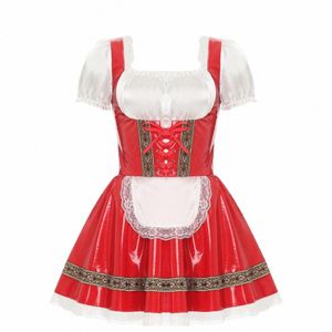 women Oktoberfest Costumes Traditial German Bavarian Beer Apr Maid Cosplay Outfits Glossy PU Leather Lace Trim A-Line Dr 54JB#