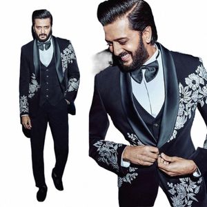 black Men Suit Tailor-Made 3 Pieces Blazer Vest Pants Single Breasted Appliques Satin Formal Busin Causal Party Tailored D03F#