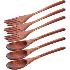 Flatware Sets 6 Pcs Ergonomic Salad Fork Convenient Dessert Spoon Wooden Cutlery Long Tableware Delicate Forks Spoons Cake Utensils Eating