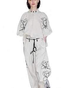 Calças bordadas 2 peças define mulheres cott linho lapela lanterna manga blusas plissadas calças de cintura alta 2024 roupas de verão a8zx #