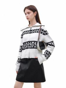 fsle 6.3% Wool 13.4% Rabbit Hair Turn-Down Collar Women Cardigans Zipper Placket Short Sweater Black White Jacquard Sweaters F2xN#