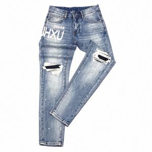 Street Fi Men Dżinsy Retro jasnoniebieskie rozciąganie Slim Fit Drukowane dżinsy Mężczyźni Paintowane projektant Hip Hop Denim Pants Hombre G4om#