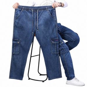 Herbst und Winter Plus Size Herren lässige Stretchjeans 9XL 8XL 7XL fi Multi-Pocket lose hohe Taille gerade LG Jeans.Z6c2#