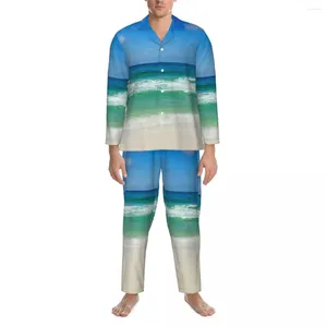 Hemkläder pajamas män strandpografi sömnkläder blå himmel med vågor 2 stycken avslappnad pyjamas uppsättningar långärmad överdimensionerad kostym