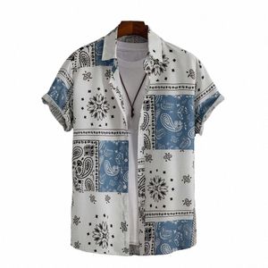 men Summer Beach Shirt Colorful Print Short Sleeves Shirt Single-breasted Loose Turn-down Collar Men Top 03BG#