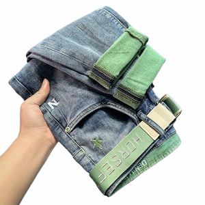 2024 Primavera / Verão Novos Jeans Masculino Coreano Bordado Estiramento Calças de Nove Pontos Azul W Fi Casual Stretch Slim Denim Calças G2jD #