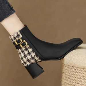 Boots New Women Ankle Boots Costume Tweed Plaid High Heels Dress Shoes Patchwork Square Heels Leather Double botas mujer 1582N