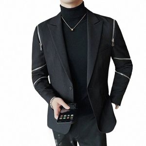 2023 New Men's Dance Party Casual Suit Jacket Fi Zipper Decorati Men Busin Leisure Black Blazers Slim Fitting Clothes 26UF#