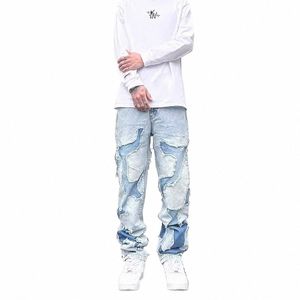 Streetwear Swag Style Blue Frayed Jeans Pants for Men Retro Wed Ripped Casual avsmalnande denimbyxor Slim Fit Y2K Jean Male A5RS#