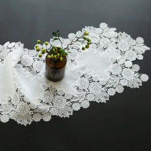 Table Runner White American Embroidery Linen Cotton Lace Cloth Coffee Tv Drawer Cabinet Piano Cover Towel Flag Dust 240322